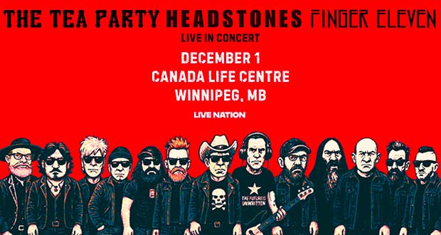Image of all band members in a line with "The Tea Party, Headstones, Finger Eleven" text.