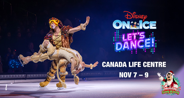 Disney On Ice "Let's Dance!" promotional image featuring Mickey, Minnie, Donald, and Goofy in colorful outfits with dancers on an illuminated stage. Text reads: Canada Life Centre, Nov 7–9.